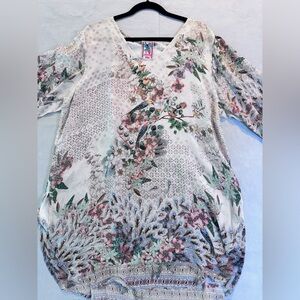 Johnny Was Womens Size XL Ficher Cupra Rayon Floral Bird Tunic Boho Cottage